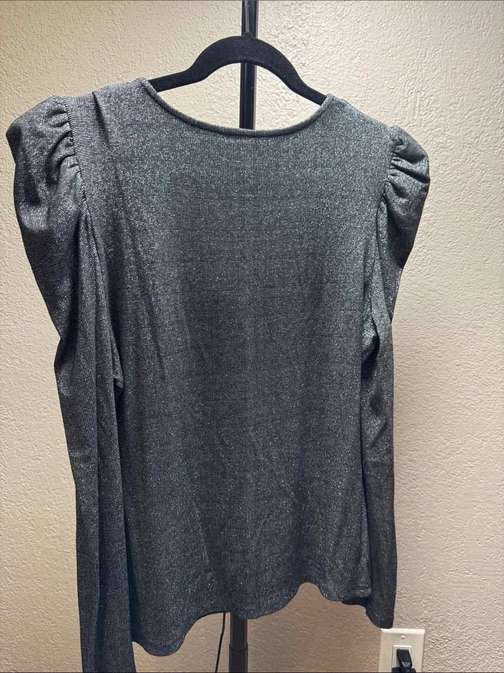 INC International Concepts Black Metallic Scoop-Neck with Long Puff Sleeves
